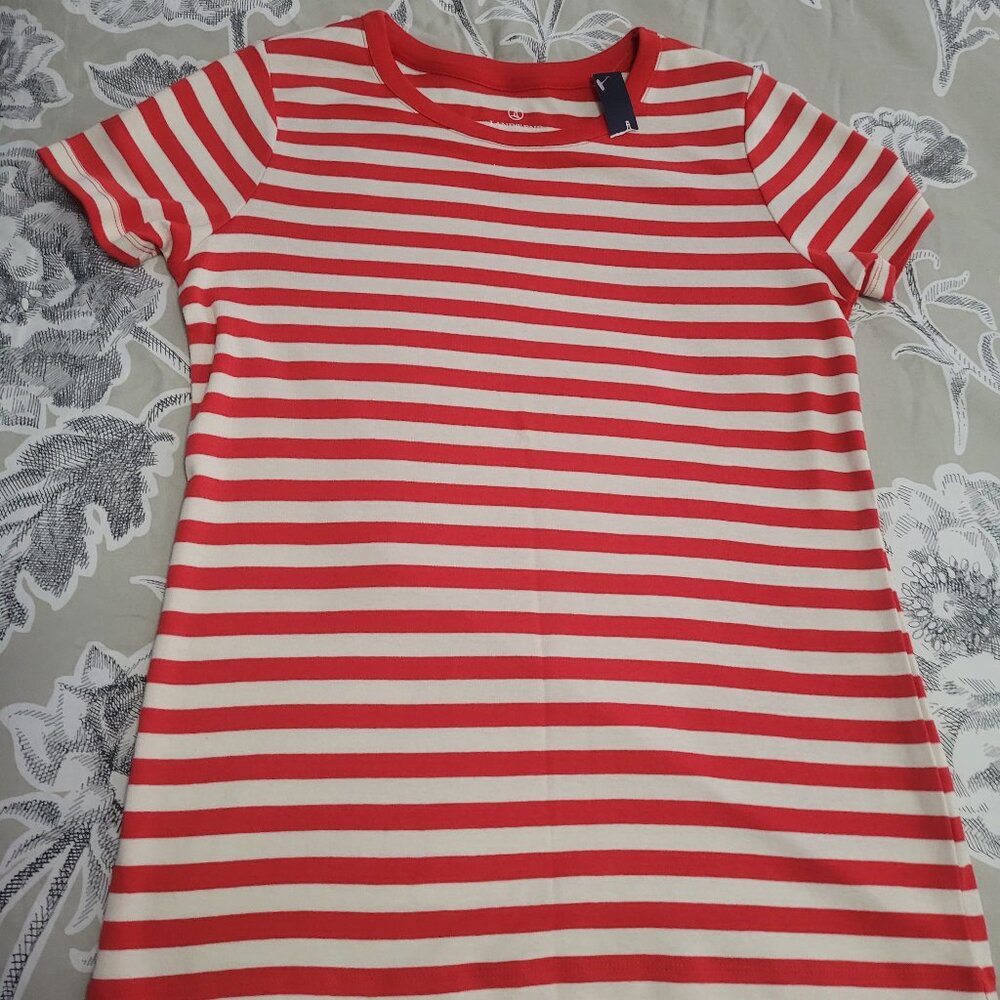 Lands' End Red Off White Striped Cotton Short Sleeve T-Shirt Size Small NWT